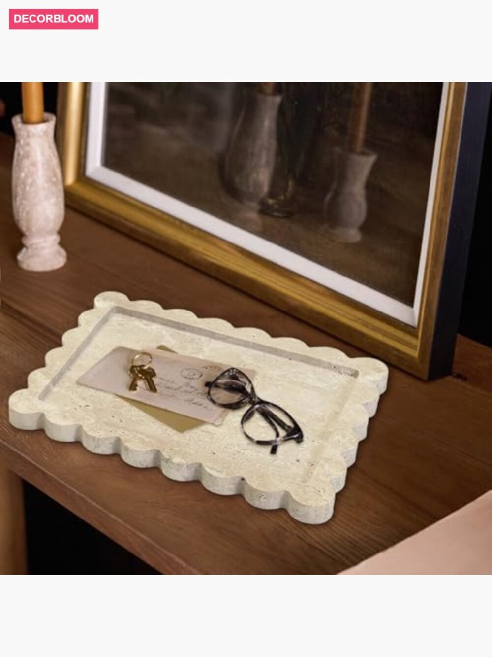 Scalloped Marble Vanity Tray 12x9 inch - Natural Stone Jewelry Display - Picture 2 of 6